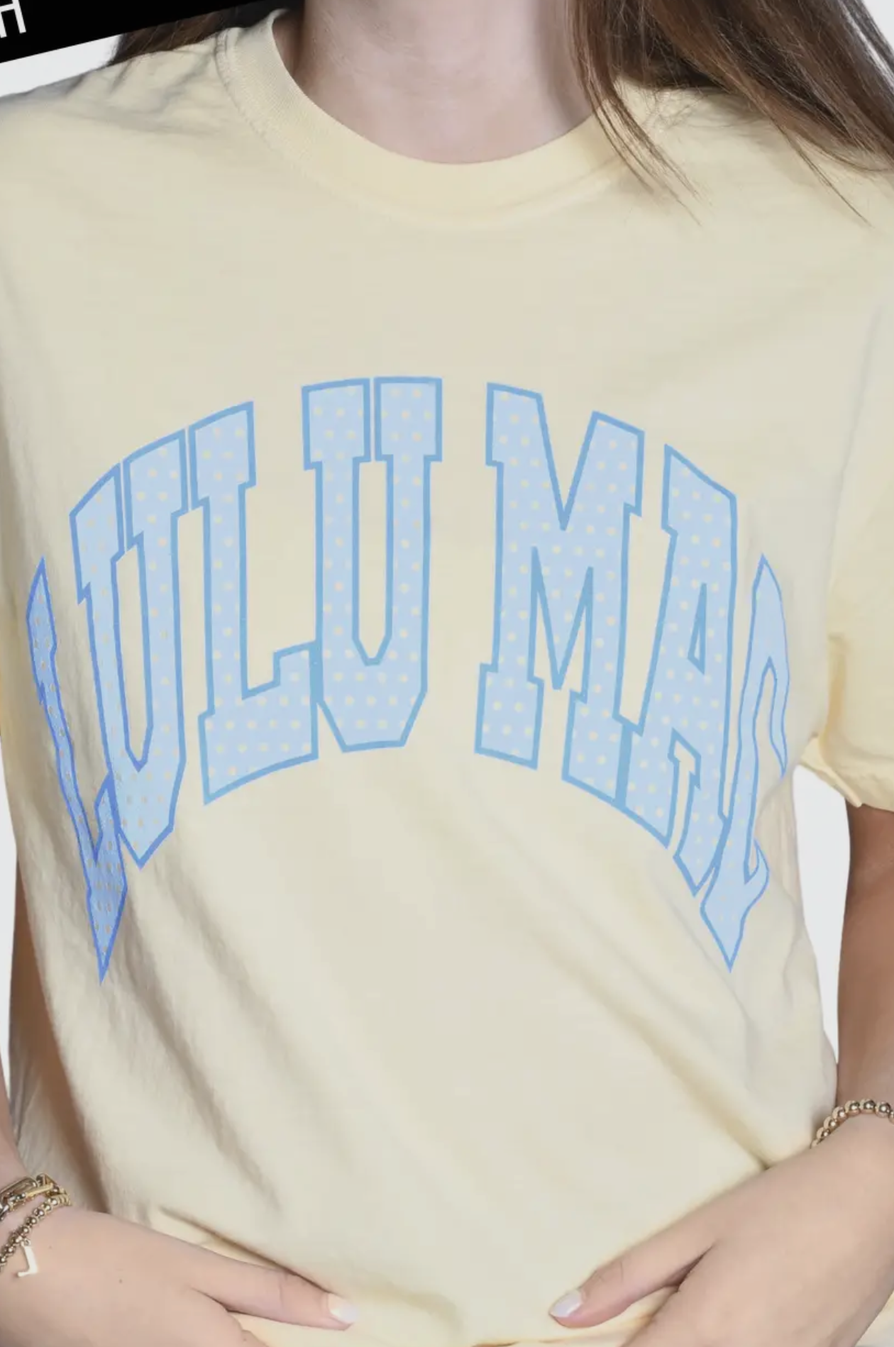 Lulu Mac butter with light blue polka dot tee