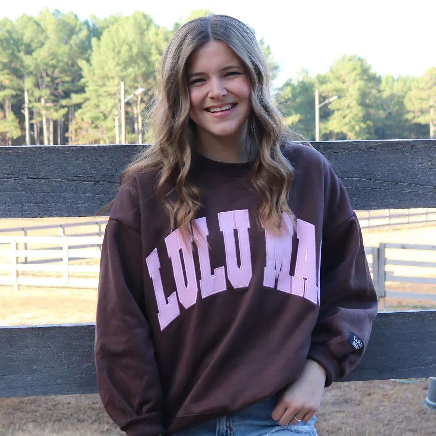 Lulu Mac chocolate brown sweatshirt with pink stitch logo
