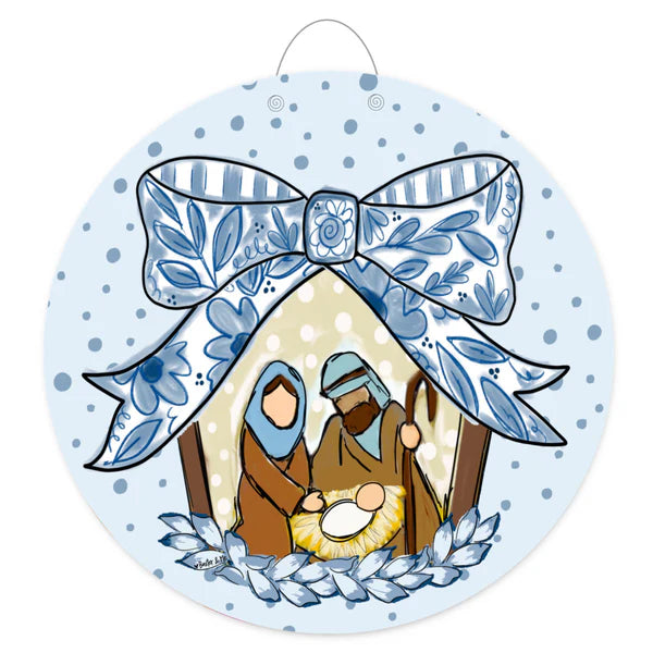 Blue Ribbon Bow Nativity Door Hanger