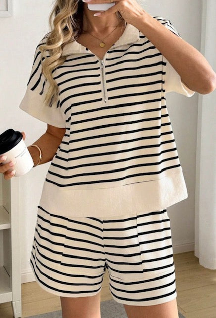 Hampton Morning Short Set Ivory with Black Stripes