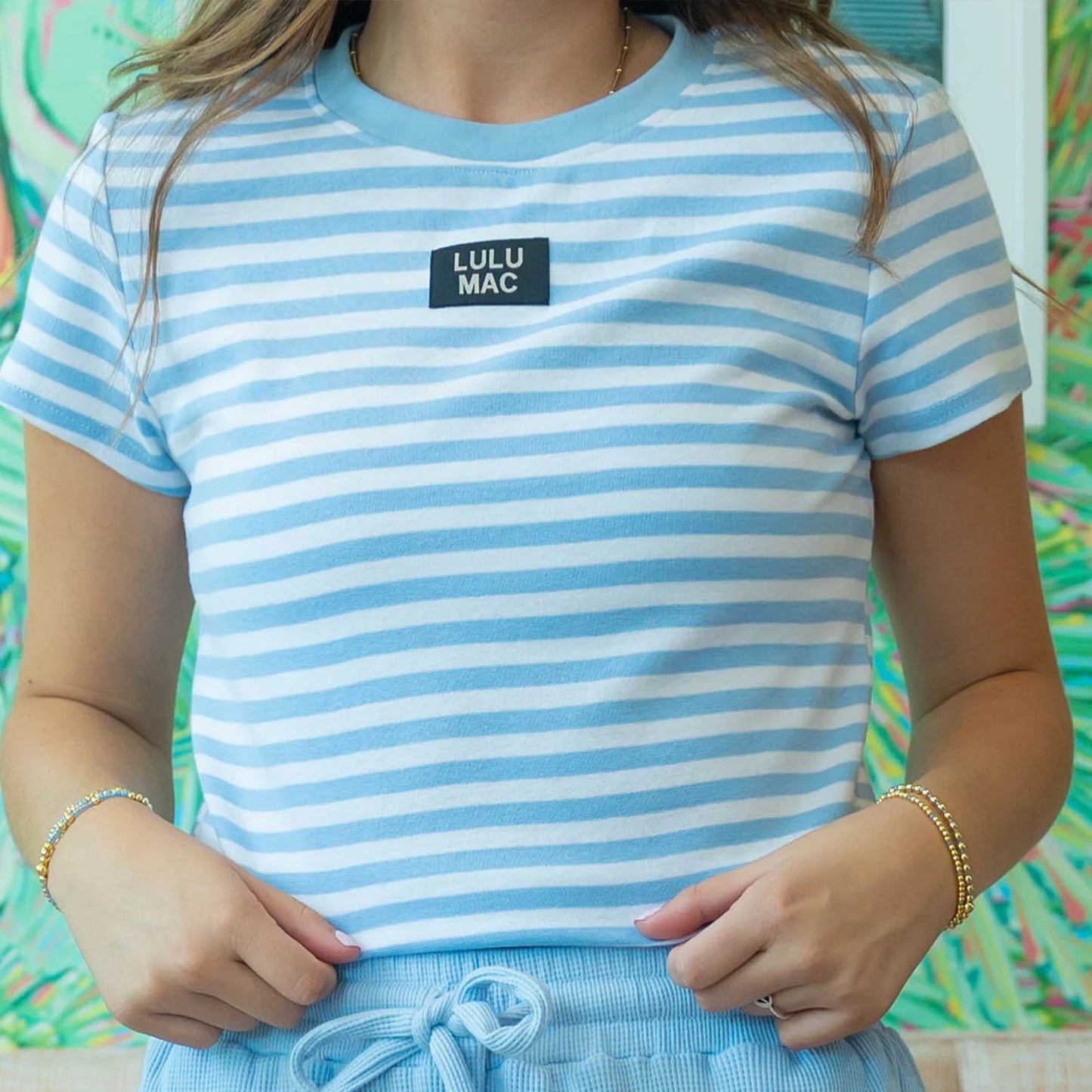 Lulu Mac light blue short sleeve striped babydoll knit top