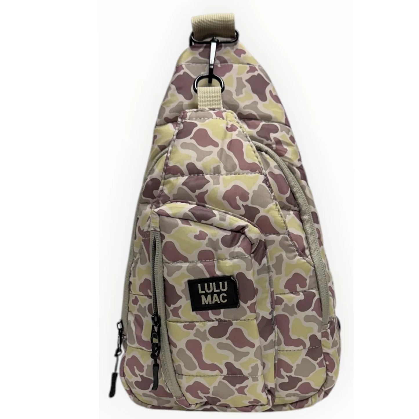 Lulu Mac puffer metallic light camo sling bag