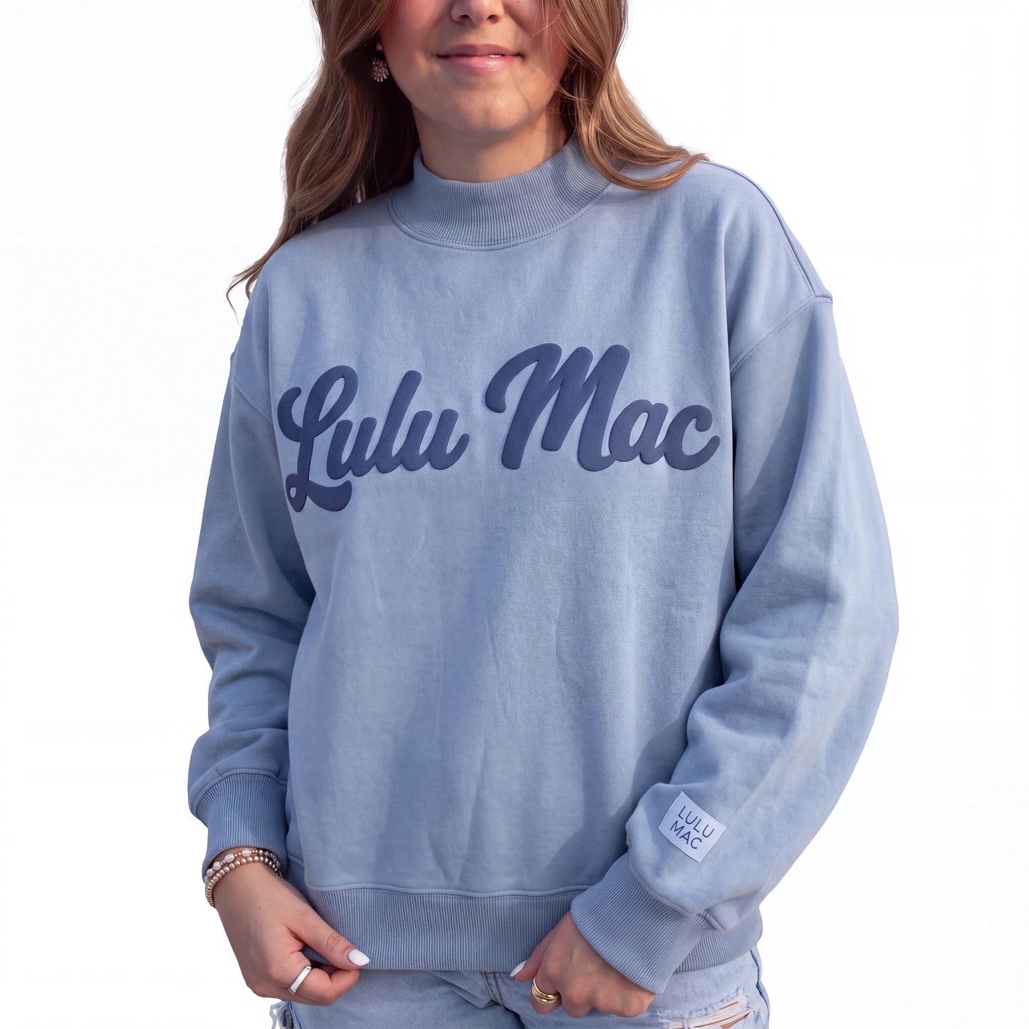 Lulu Mac Script mock neck blue with navy