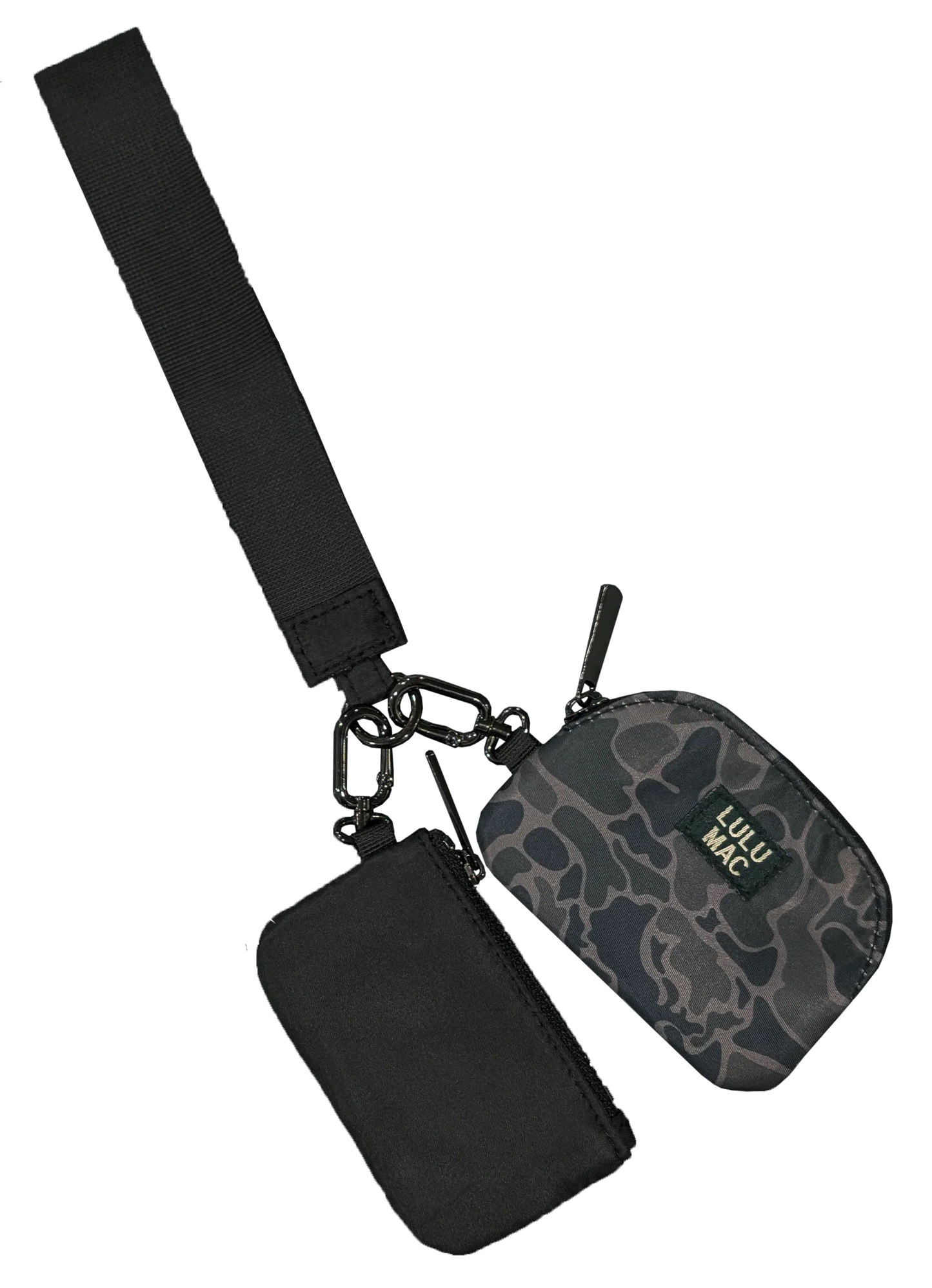 Lulu Mac black and camo double pouch wristlet