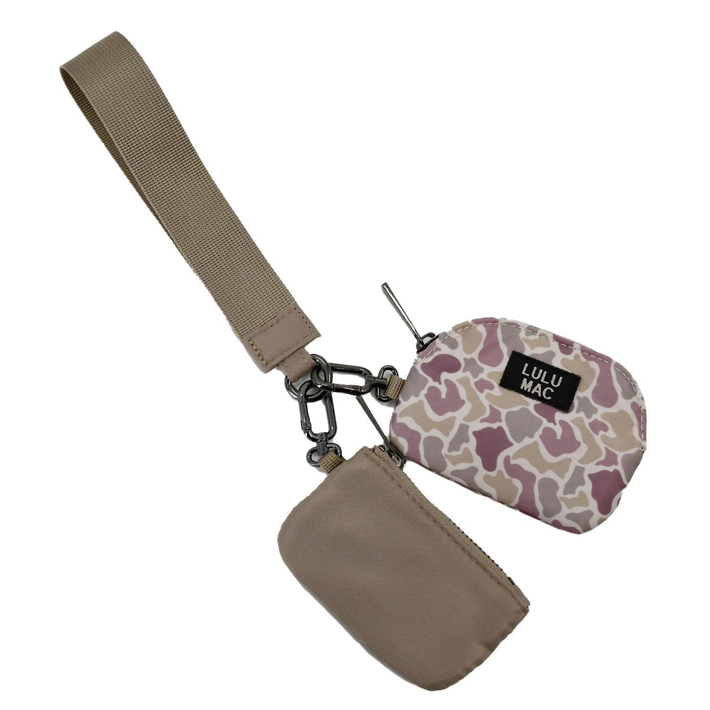 Lulu Mac camo and beige double pouch wristlet