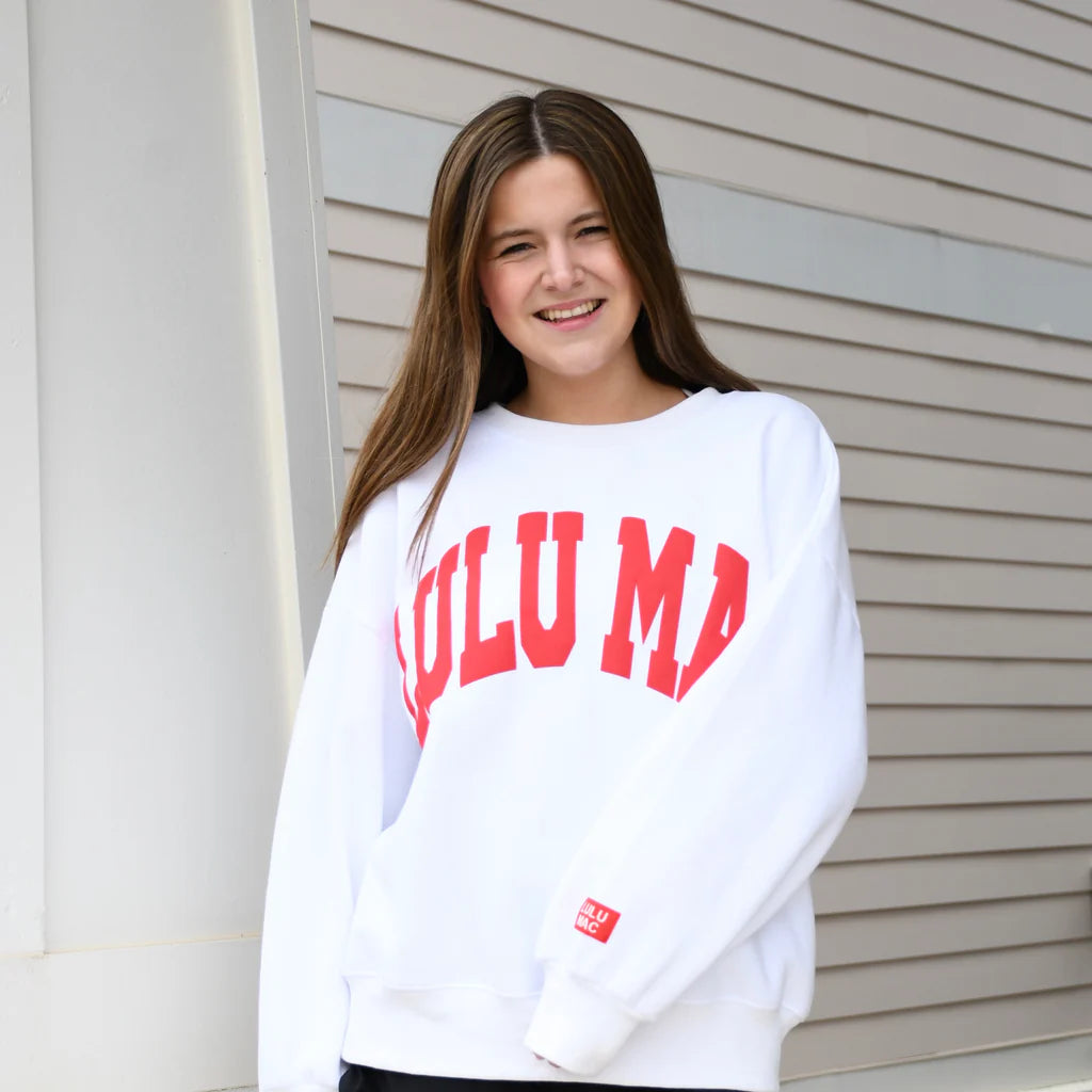 Lulu Mac white with red puff letters