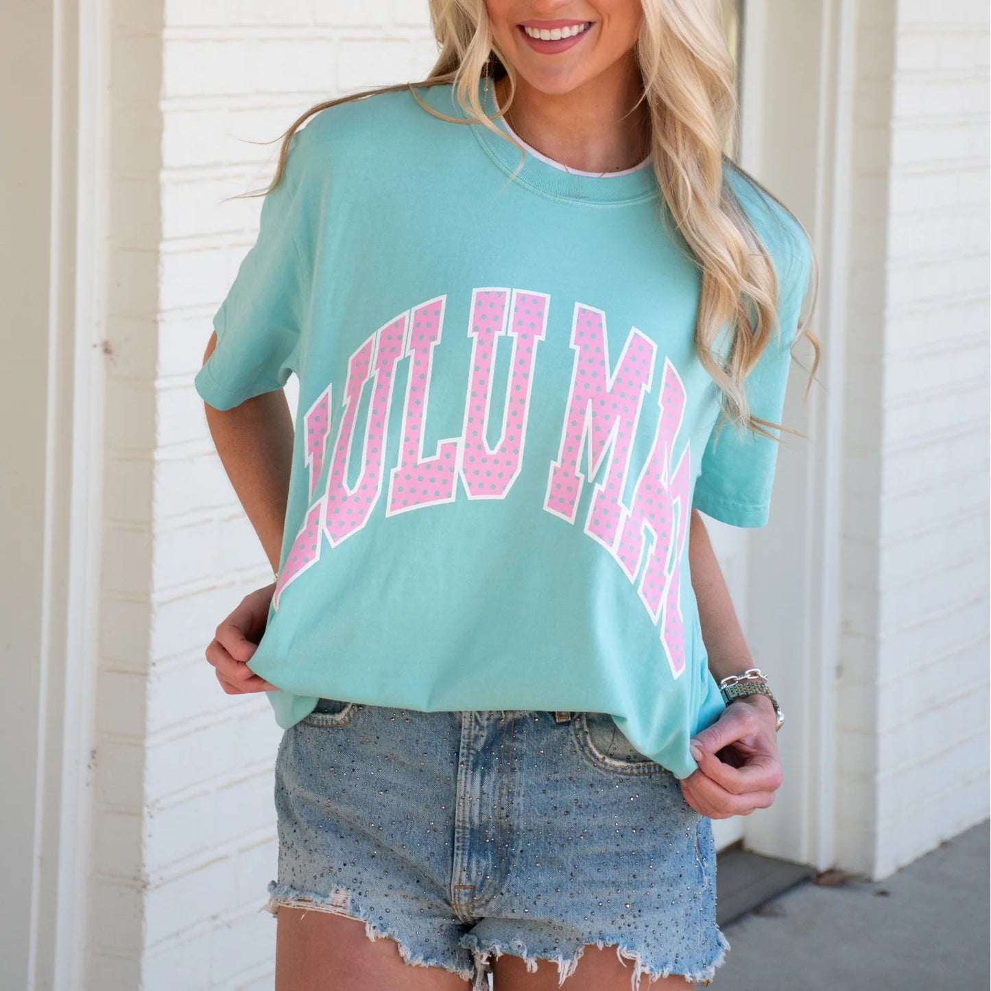 Lulu Mac mint green with pink polka dots