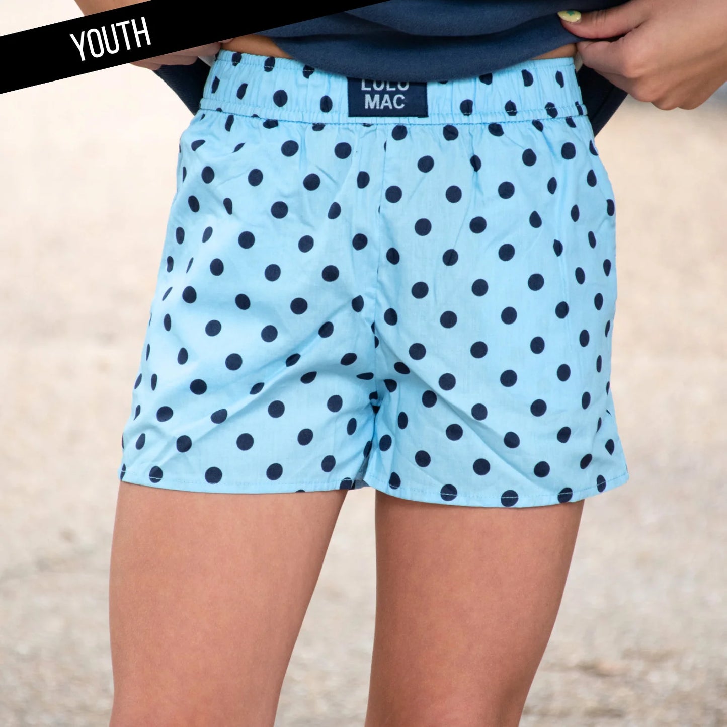 Lulu Mac youth light blue/navy polka dot shorts