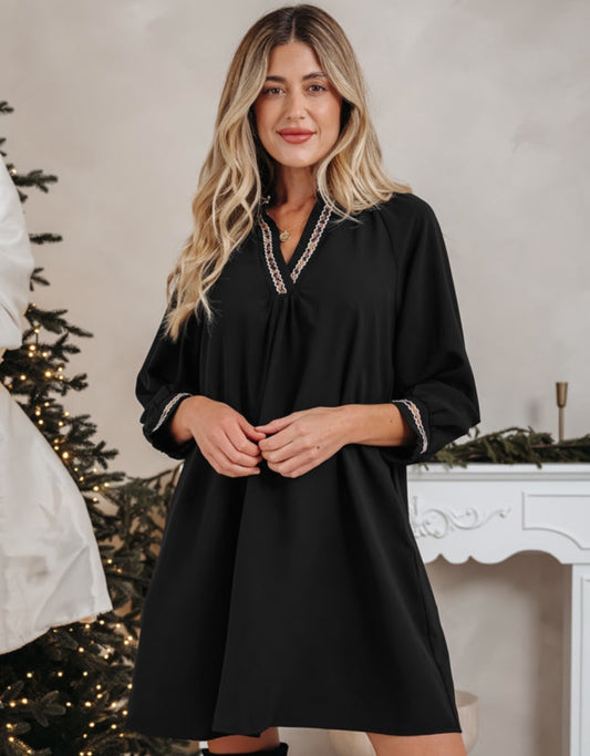 Weekend Wild Black Dress with Print Trim