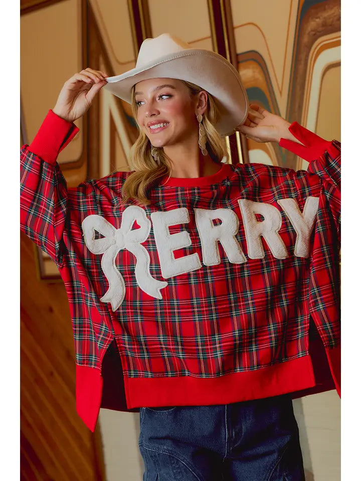 Bibi Christmas Tartan Plaid Merry Sweatshirt