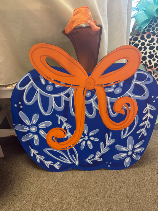 Doodles blue pumpkin with orange bow