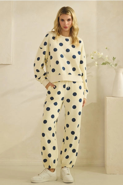 Cream set with Navy Polka Dots (sweatshirt and sweatpants)