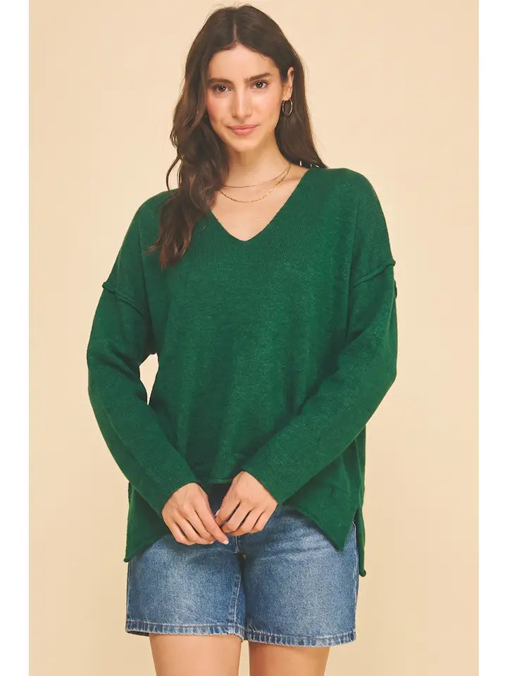 Pinch V-Neck Exposed hem Sweater