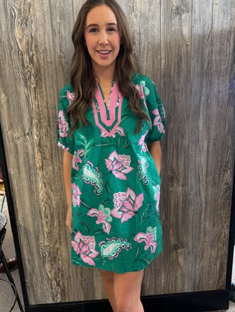 green dress with pink flowers