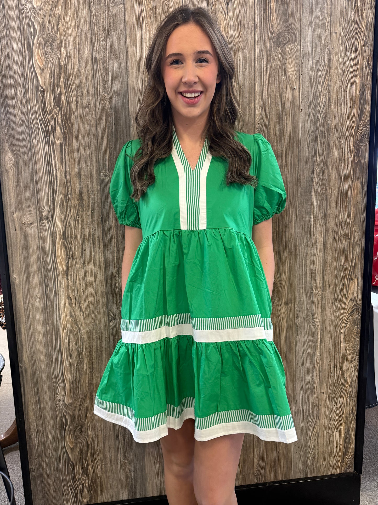 Green and white dress