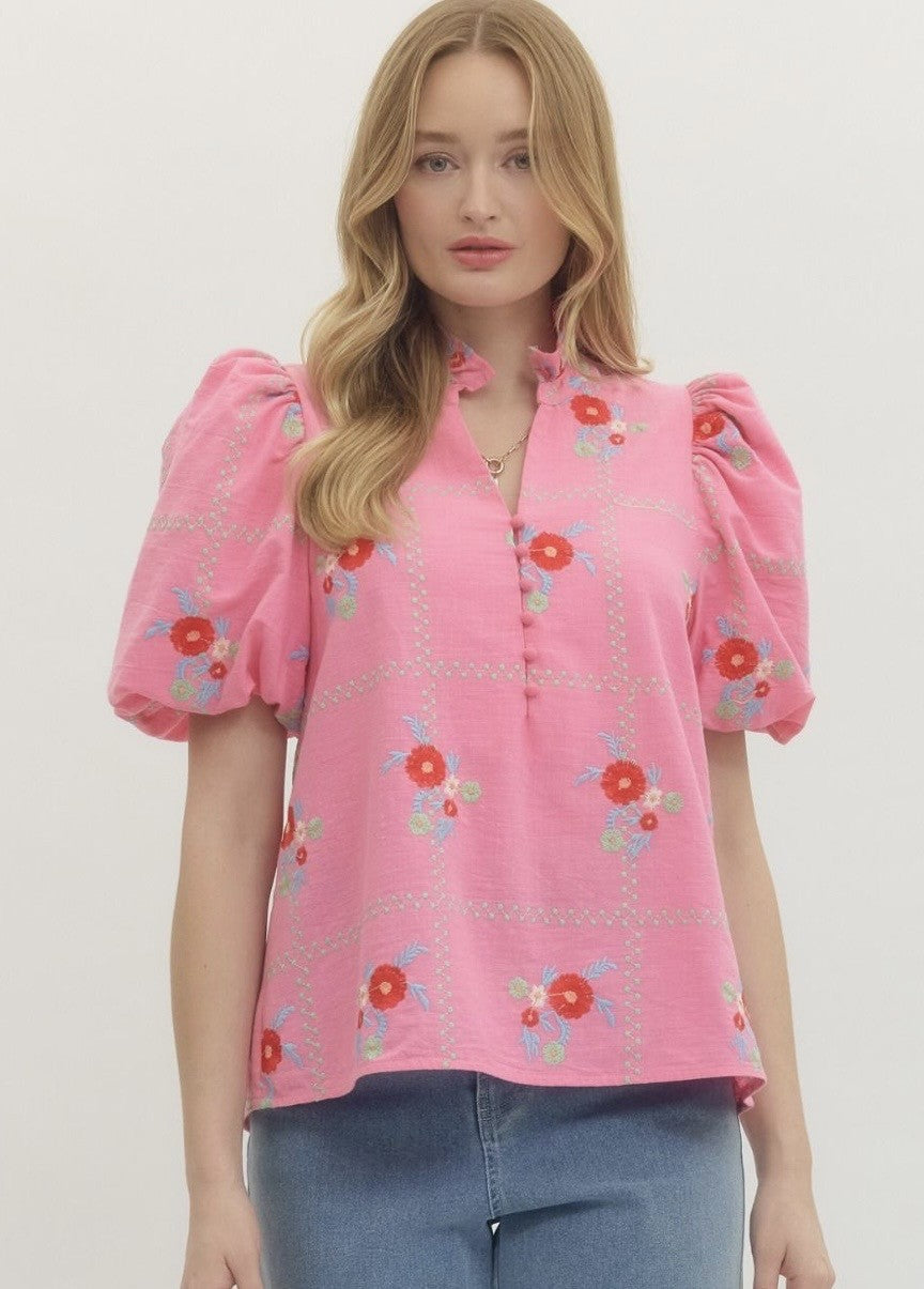 Pink top with red flowers