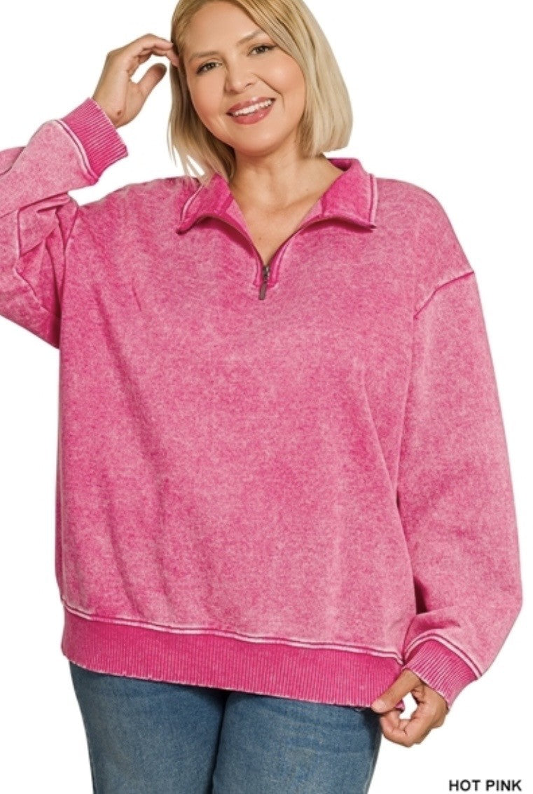 Zenana Hot Pink Zipper Sweatshirt