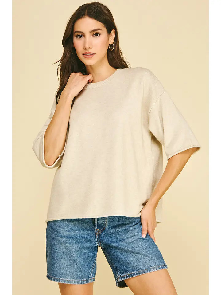 Pinch Oversized Short Sleeve Knit Sweater Oatmeal