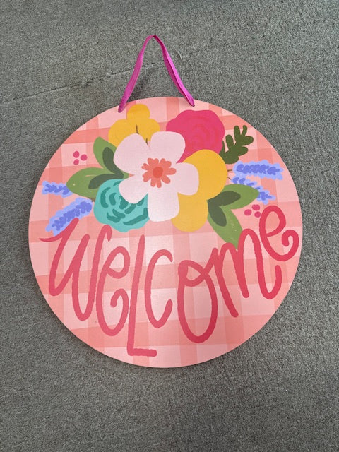 Welcome Pink Gingham Door Hanger
