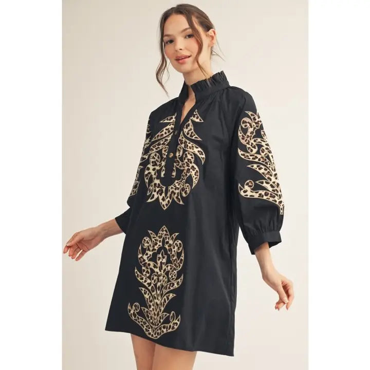Leopard Contrast Baroque Applique Detail Dress