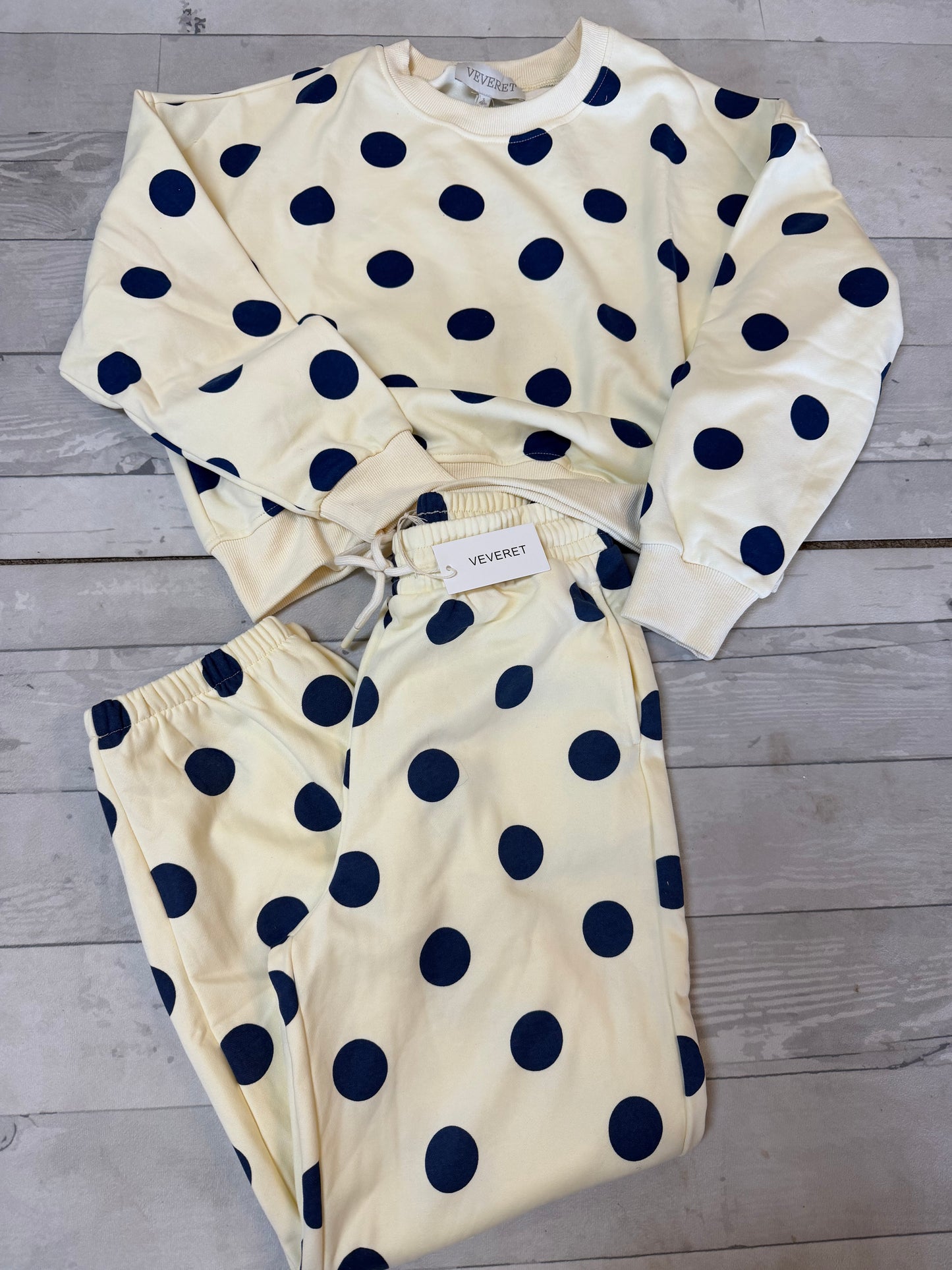 Cream set with Navy Polka Dots (sweatshirt and sweatpants)
