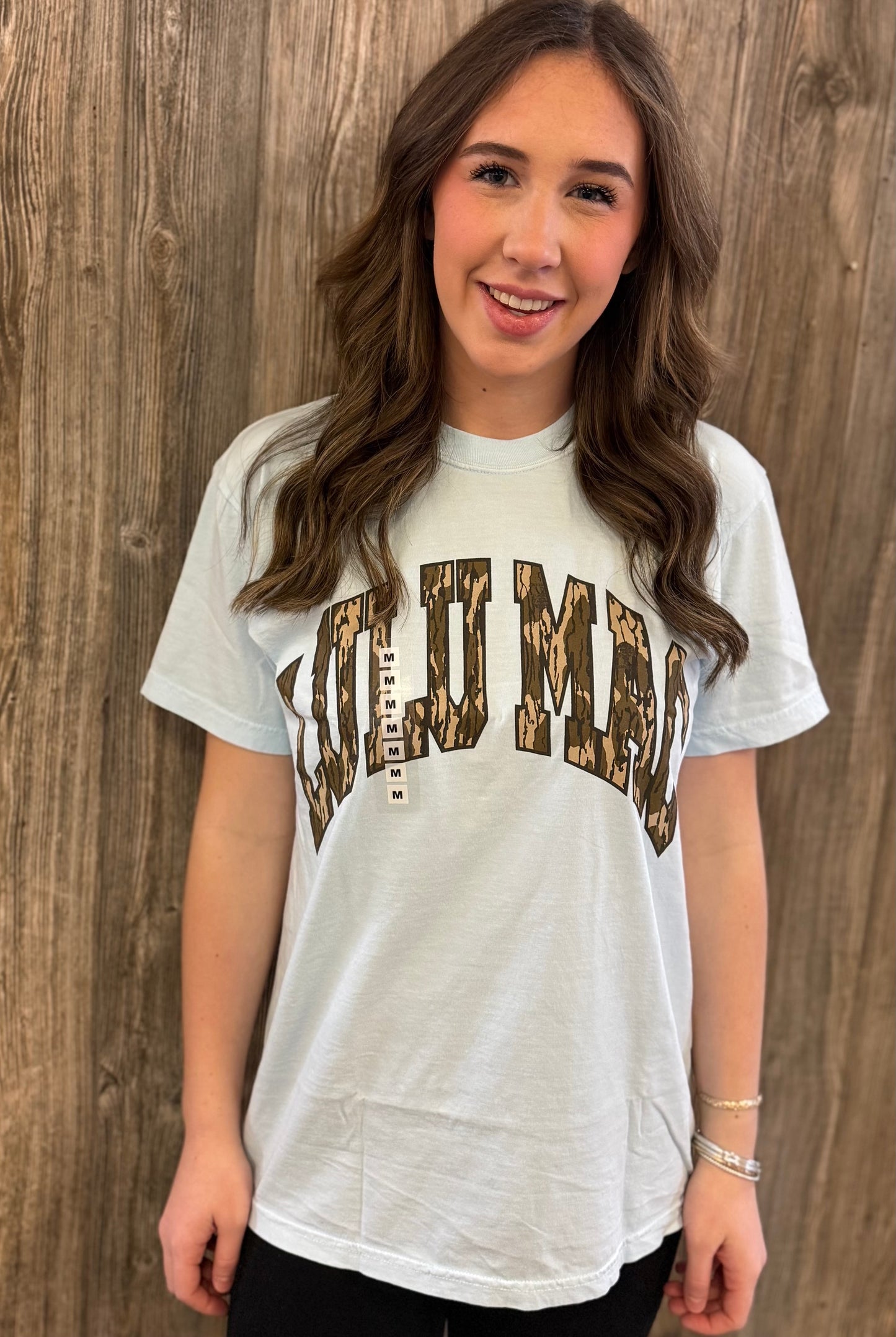 Lulu Mac light blue with mossy oak camo tshirt