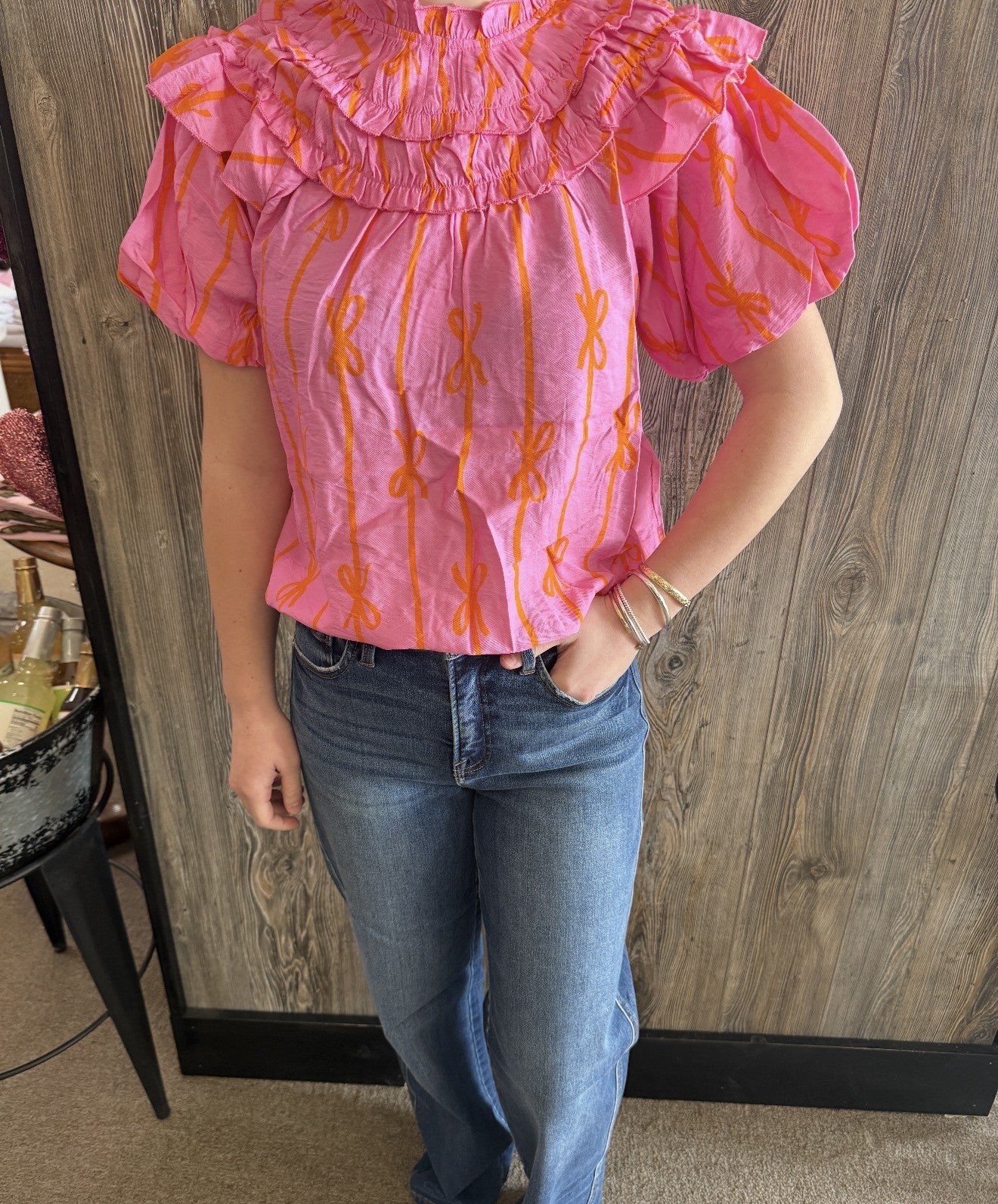 Woven Bow Printed Ruffle Bubble Sleeve Top