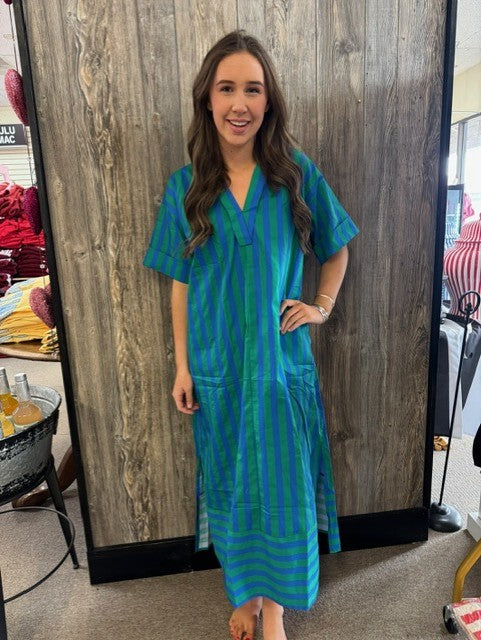 navy and green long striped dress