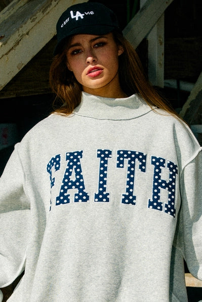 'FAITH' Embroidered Polka-Dot Mock Neck Sweatshirt