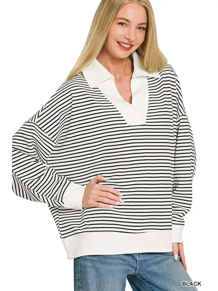Zenana Black Striped Split Collared Top