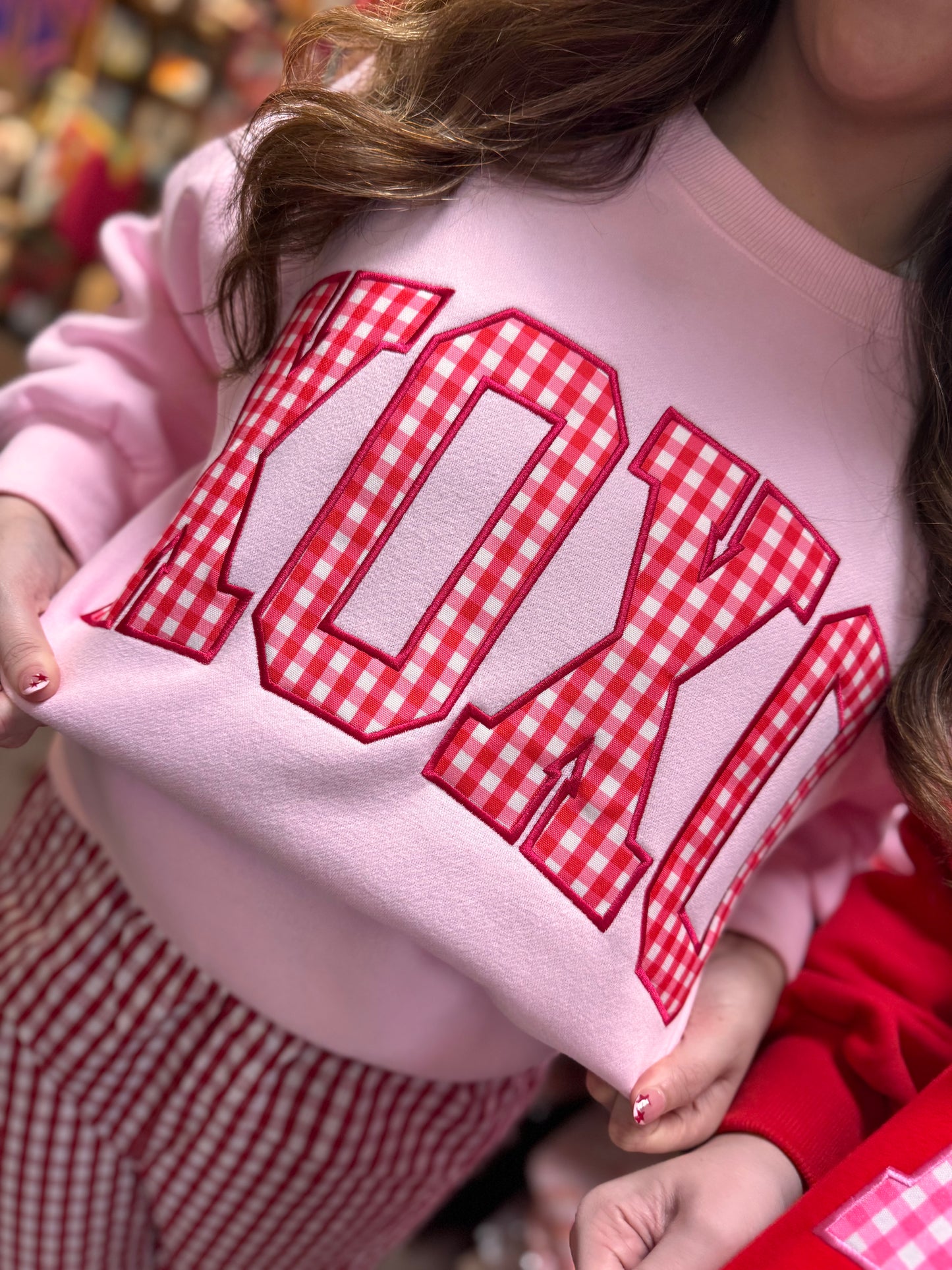Lulu Mac light pink with red gingham xoxo