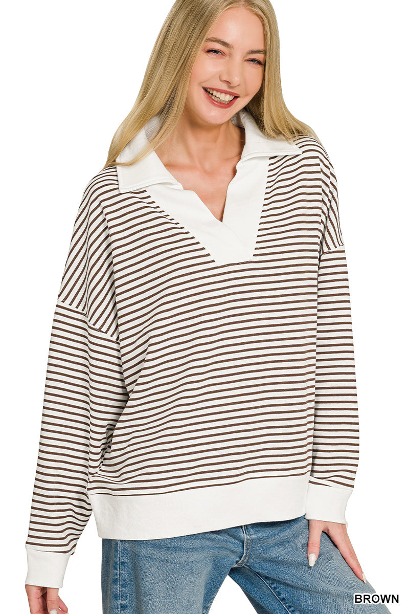 Zenana Striped Split Collared Top
