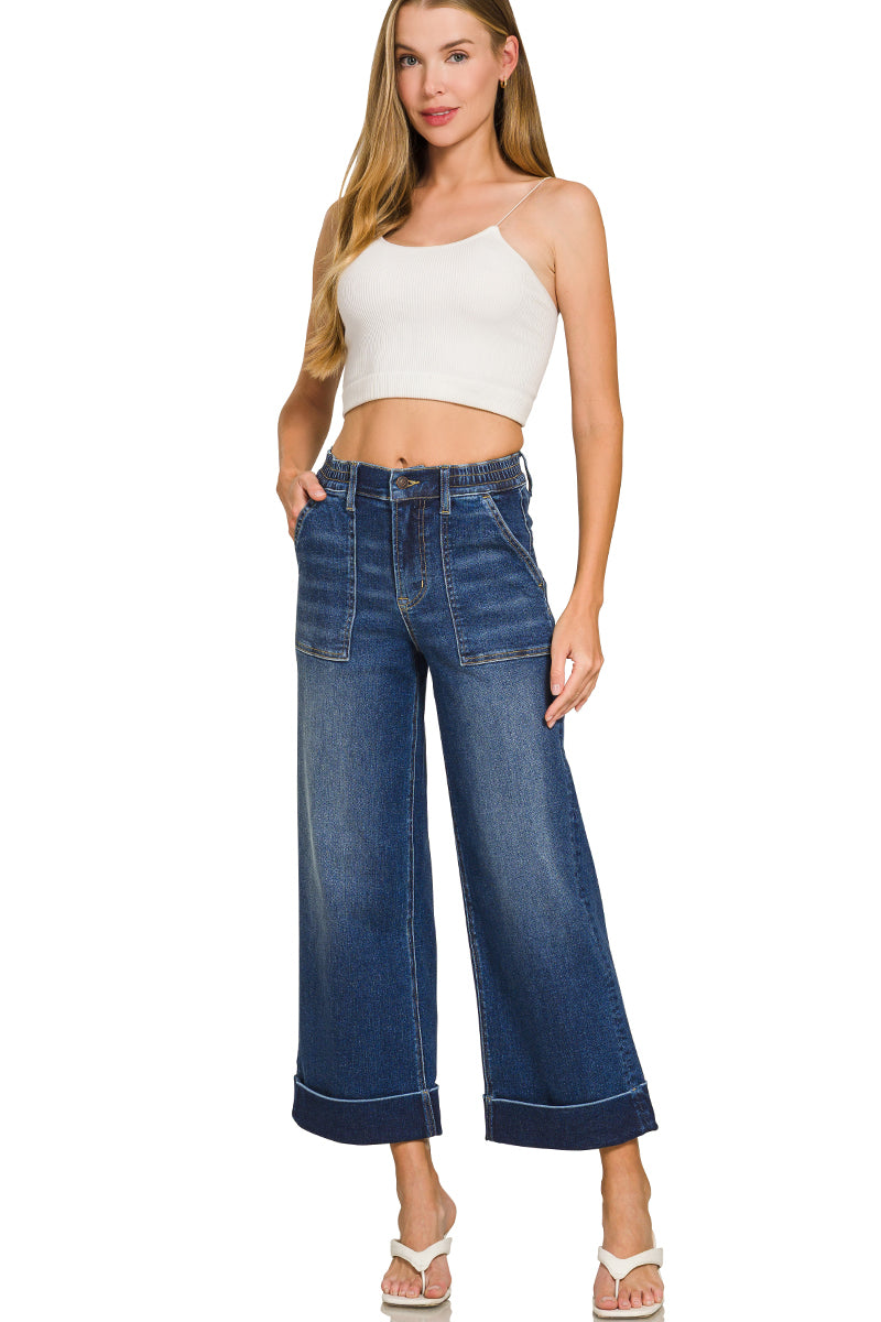 Zenana Elastic waistband utility pocket cropped denim