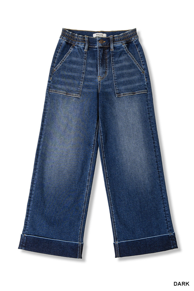 Zenana Elastic waistband utility pocket cropped denim