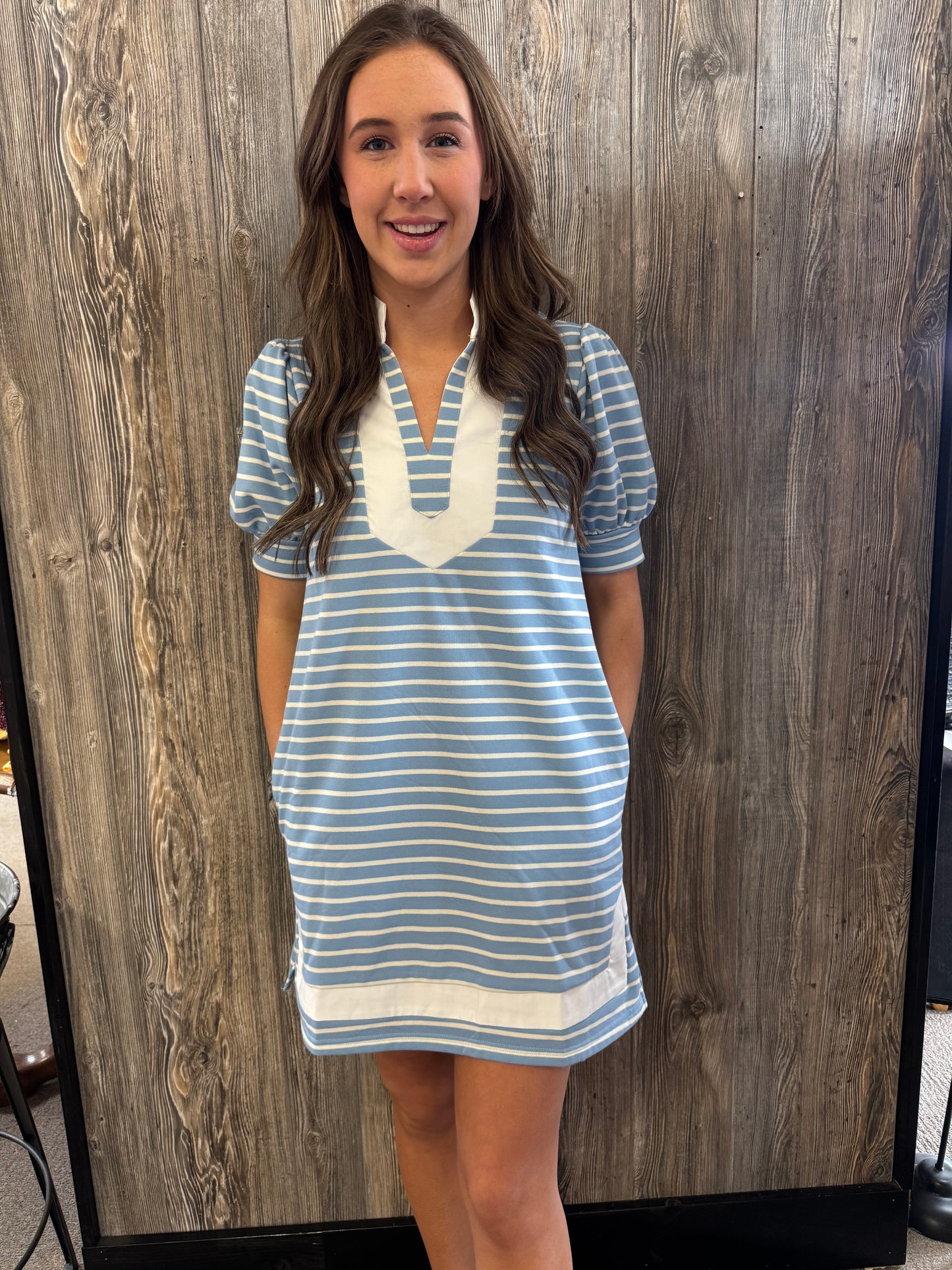 Light blue and white striped dress