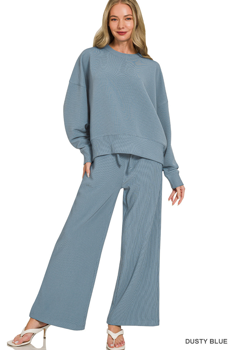 Ribbed round neck pullover & pants set Dusty Blue