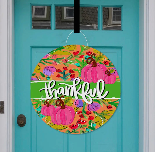 Thankful Pink Pumpkin in Bloom Door Hanger
