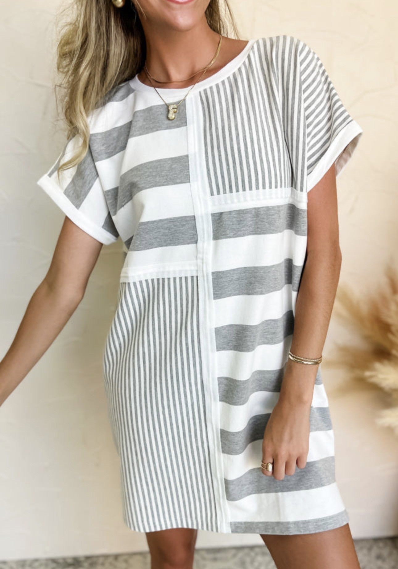 Running Late Looking Great Gray Striped Dress