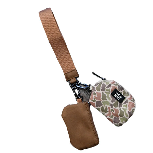 Lulu Mac dark camo and brown double pouch wristlet