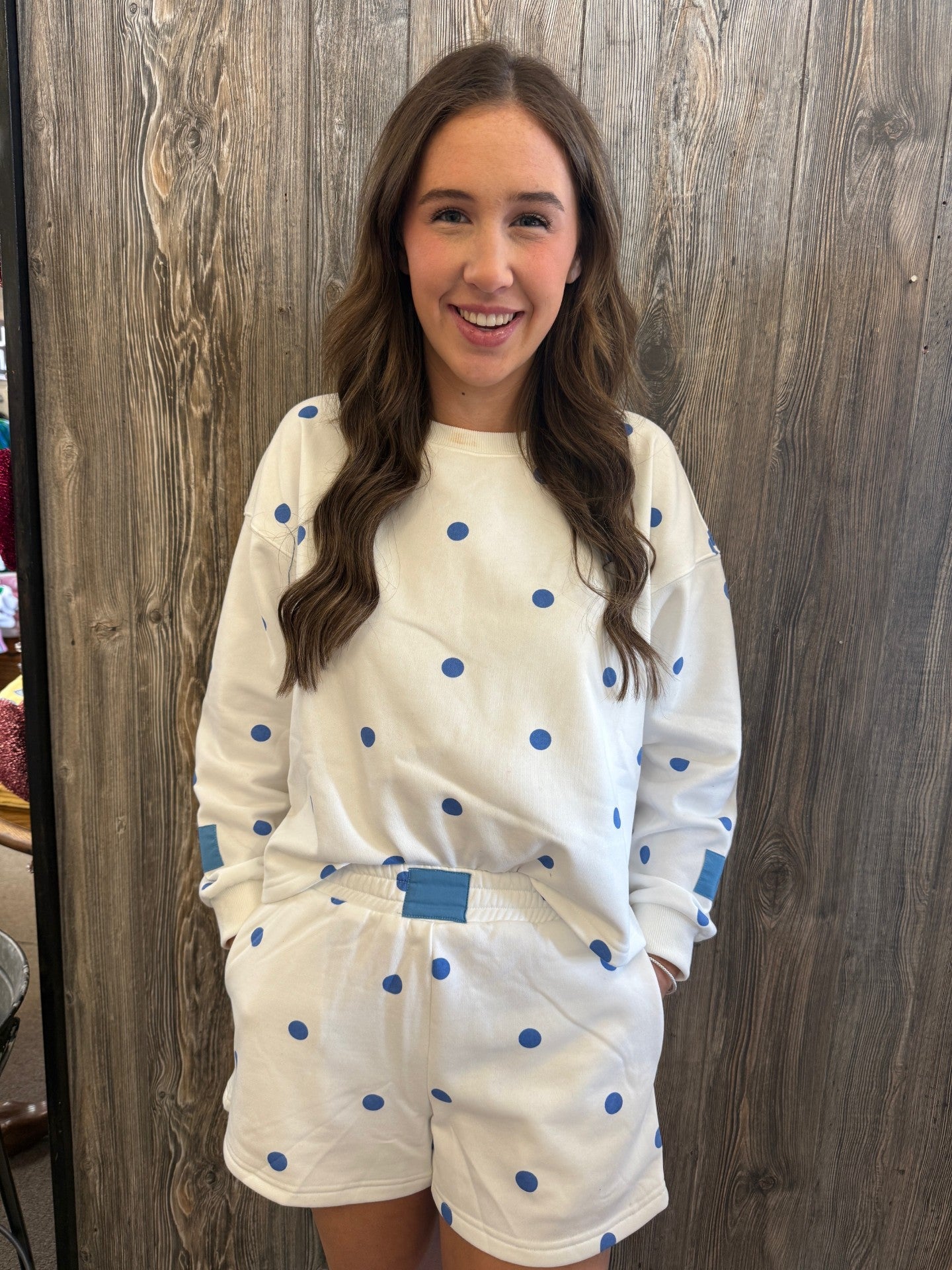 white with blue polka dots set
