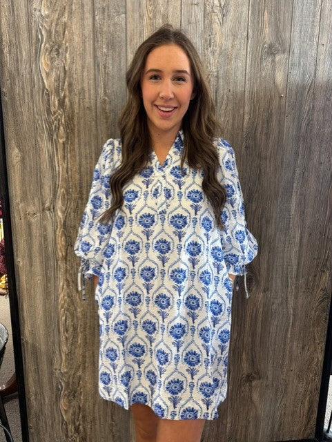 blue and white floral dress