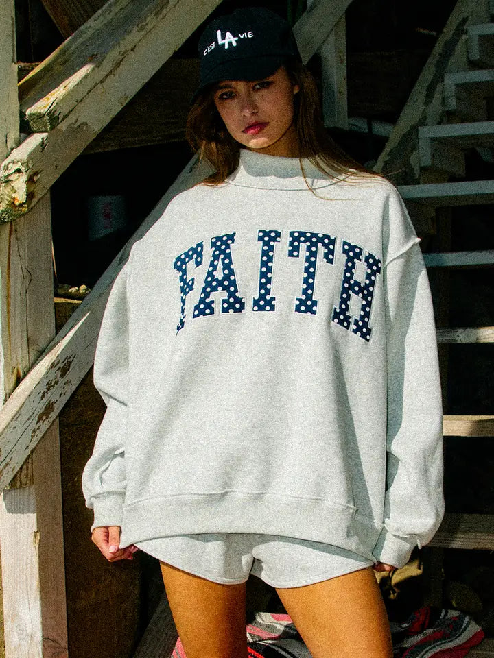 'FAITH' Embroidered Polka-Dot Mock Neck Sweatshirt