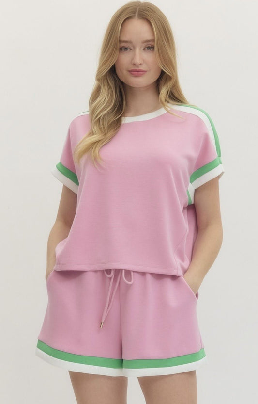 Pink, green, and white shorts outfit