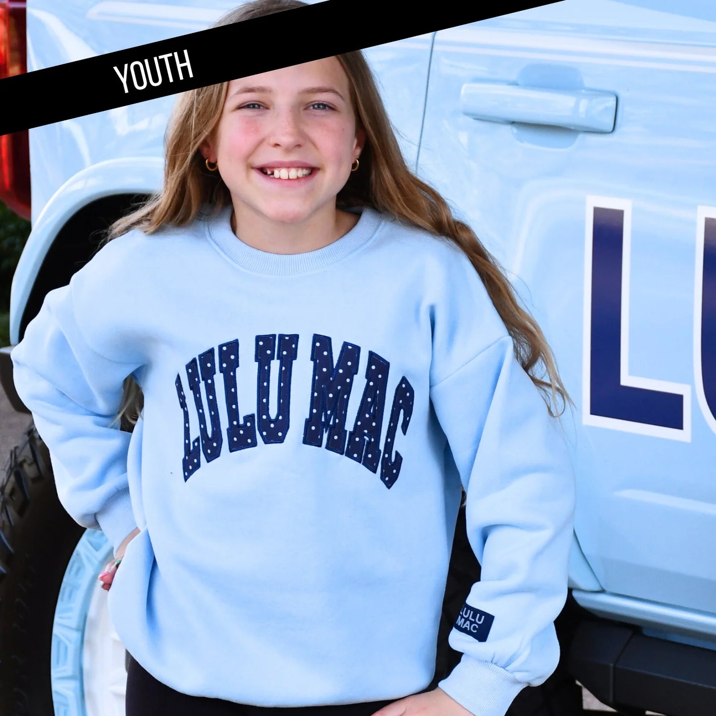 Lulu Mac youth light blue with navy polka dot stitch