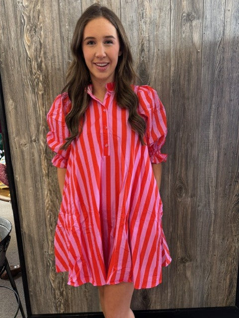 pink and red striped dress