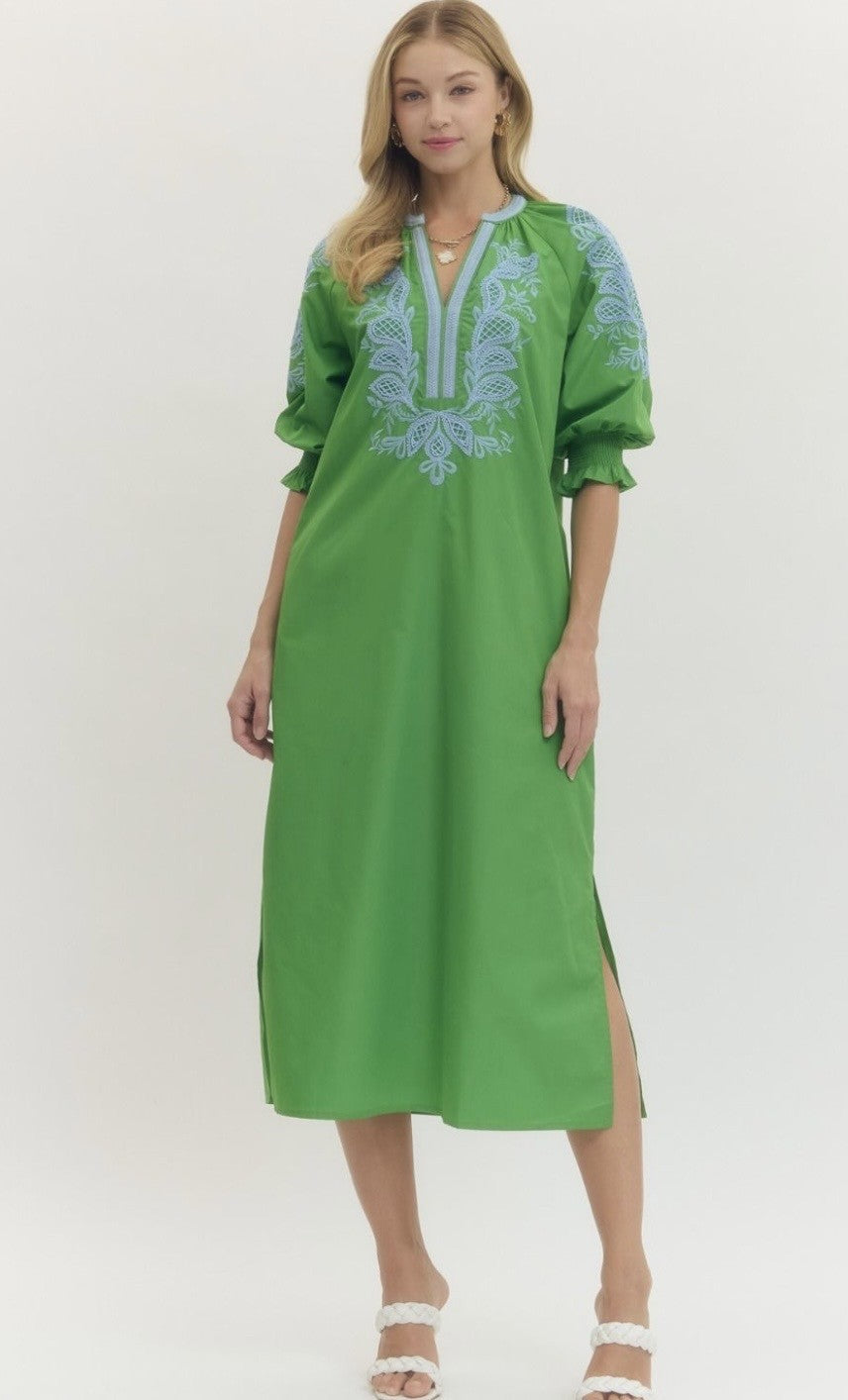 Green and blue long dress