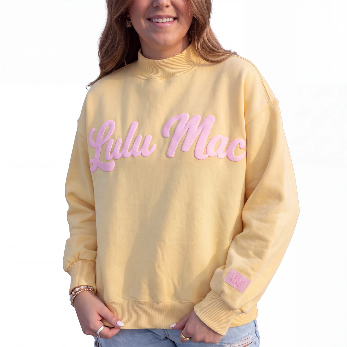 Lulu Mac Script Mock Neck butter with pink