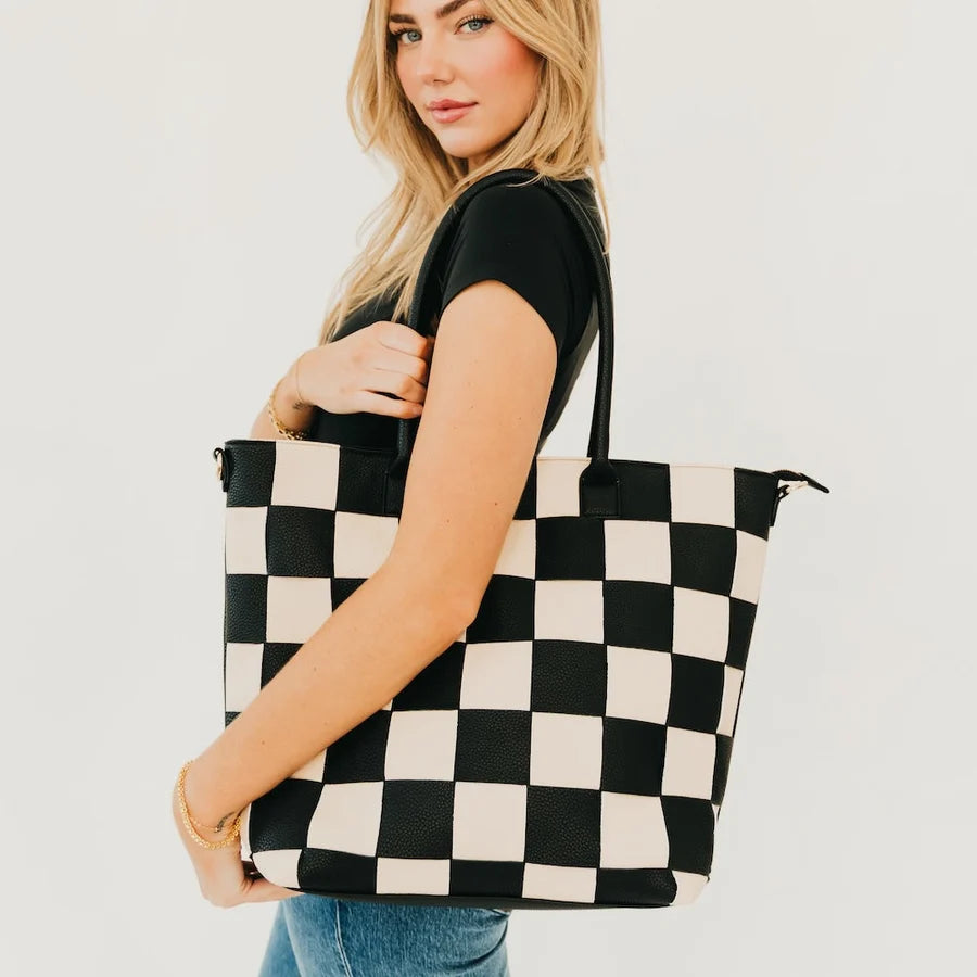 Courtney  Woven Black Checkered Tote