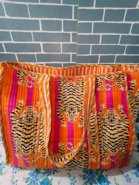 Ayras World Orange and Pink Quilted Tiger Tote Bag