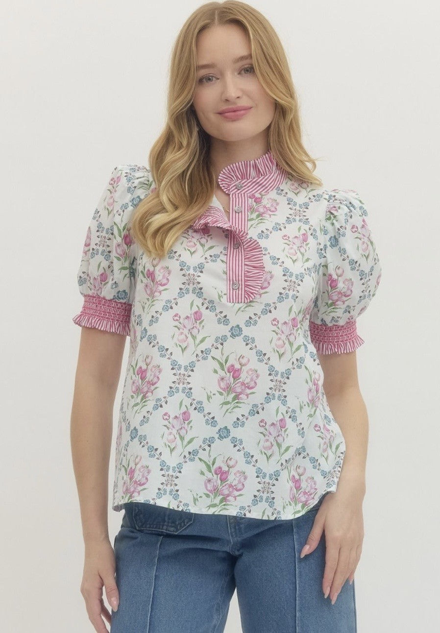 Pink and blue floral shirt